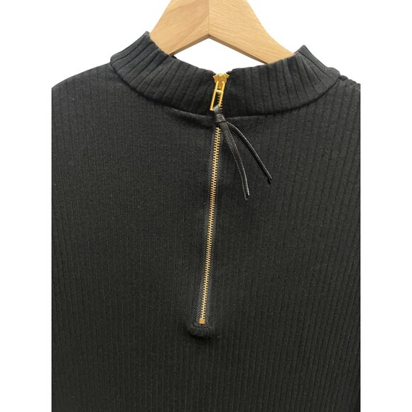 Chico's Black Label Black Ribbed Short Sleeve Gold Back Zipper Mock Neck Top - Picture 5 of 7